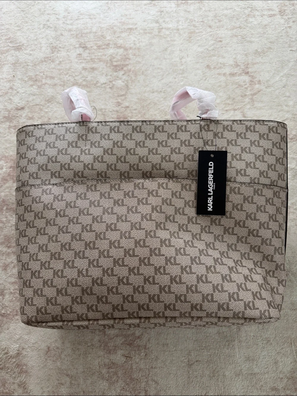 Karl Lagerfeld Paris Beige Monogram Adele Tote with Pink Coin Pouch